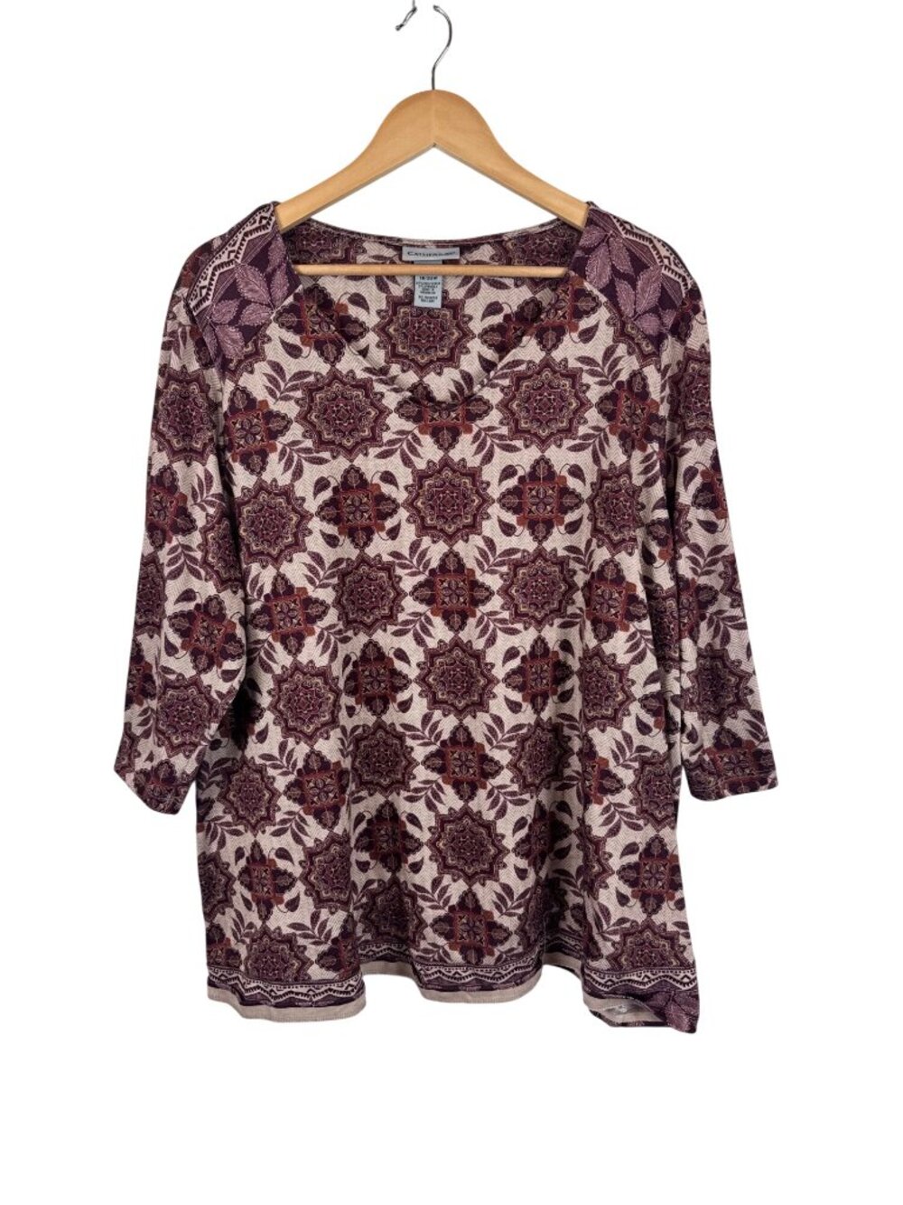 Catherines Womens Plus Size 1X 18/20W Floral Print 3/4 Sleeve Tunic Top Burgundy